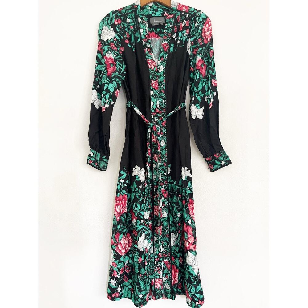 Anthropologie Dress Womens XXS Black Floral Button Front Midi Boho Belt